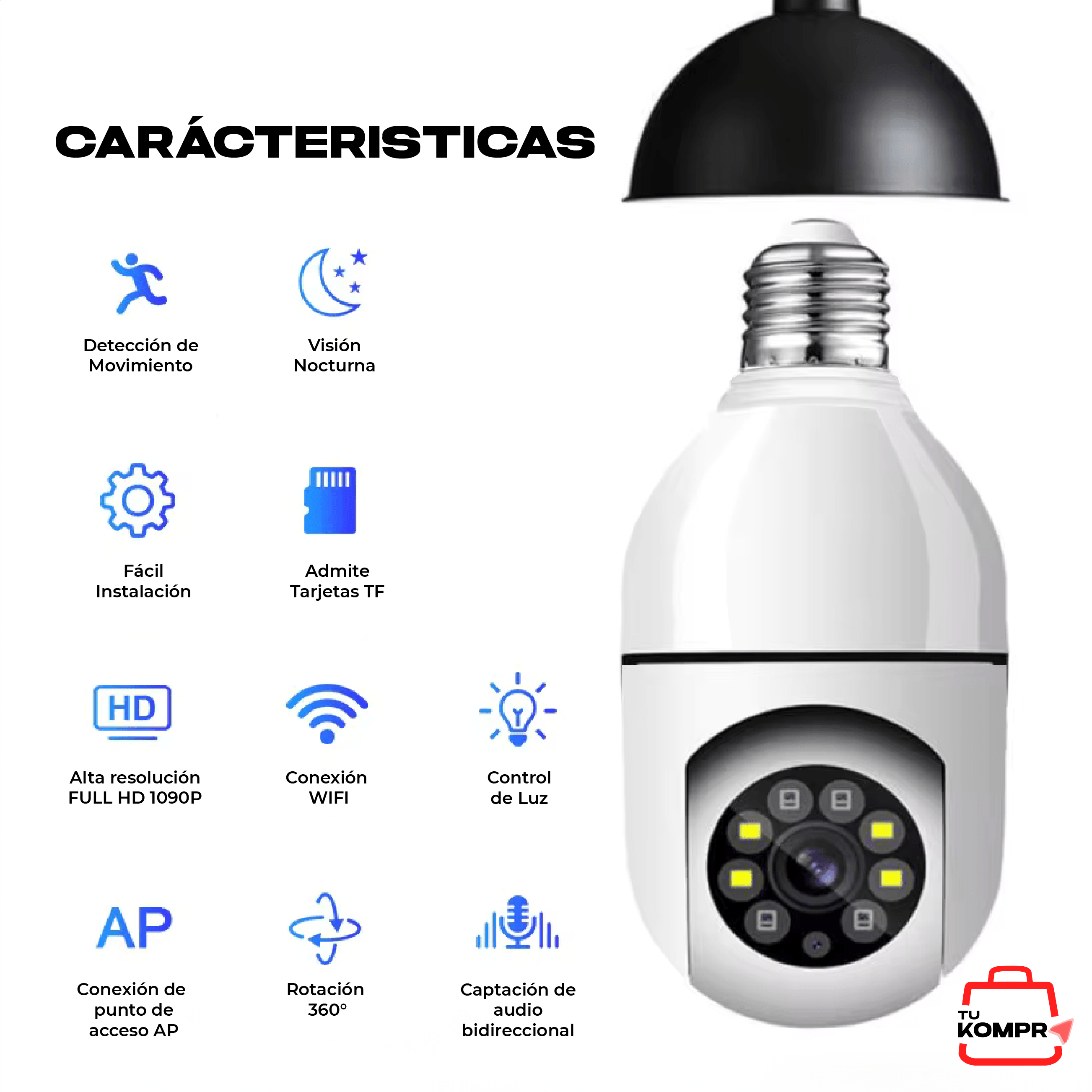 FOCO CAMARA 360° FULL HD + VISIÓN NOCTURNA Y CONTROL WIFI