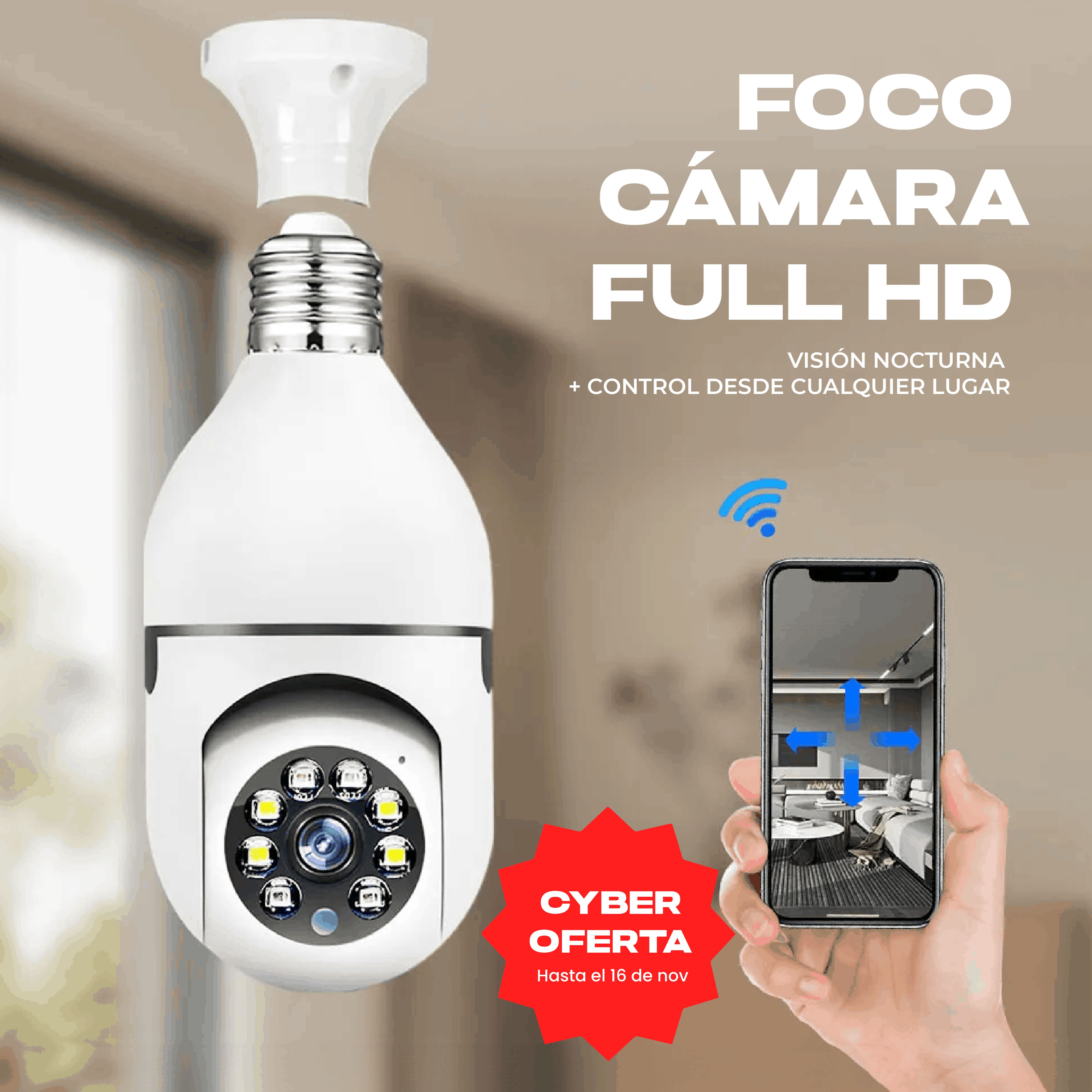 FOCO CAMARA 360° FULL HD + VISIÓN NOCTURNA Y CONTROL WIFI