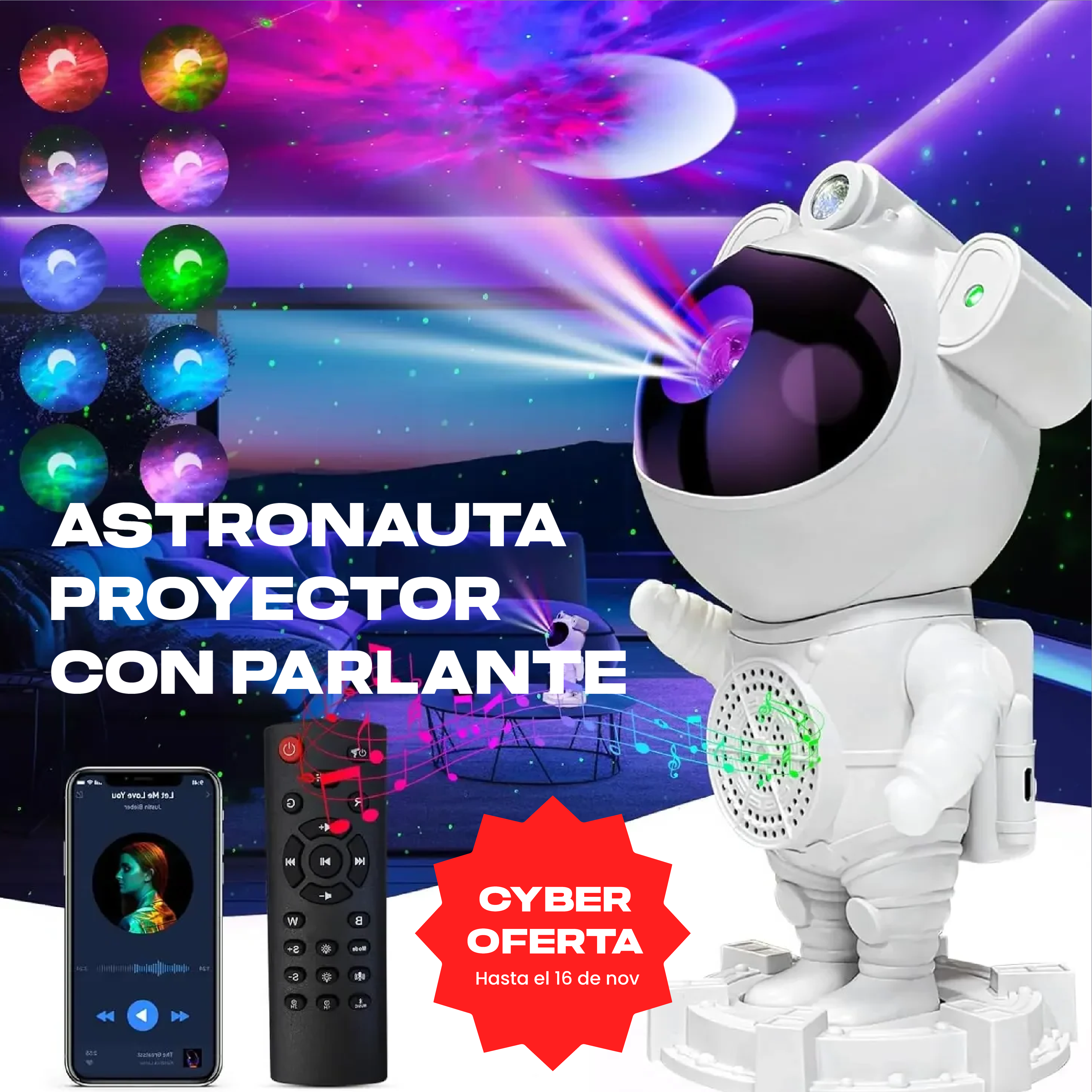 PROYECTOR ASTRONAUTA CON PARLANTE BLUETOOTH  - SONIDO FULL HD