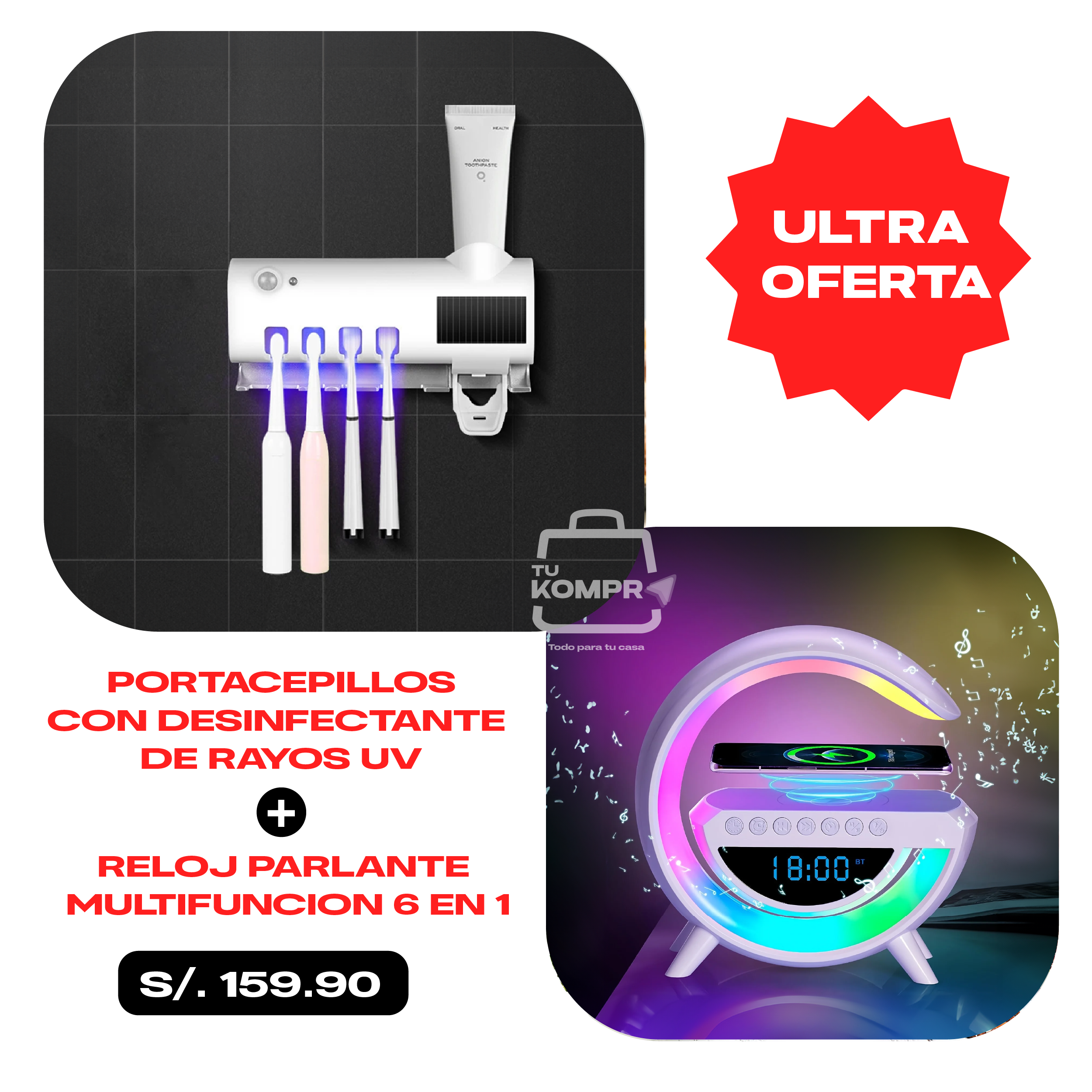 PORTACEPILLOS DISPENSADOR Y ESTIRILIZADOR DE BACTERIAS UV + DISPENSADOR DE PASTA DENTAL