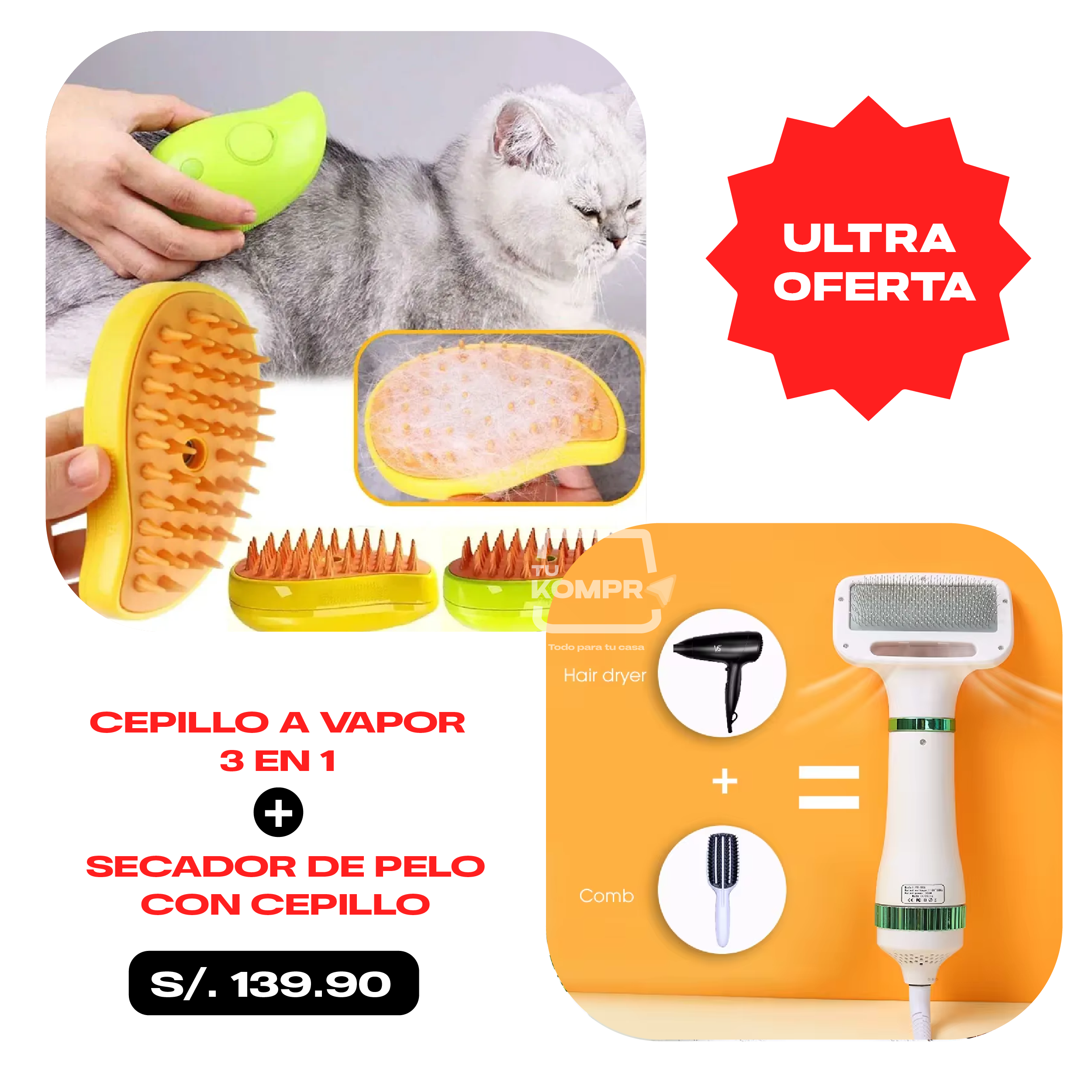 CEPILLO LIMPIADOR A VAPOR PARA GATOS Y PERROS 3 EN 1